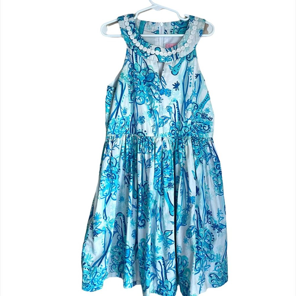 Lilly Pulitzer girls dress Blue White Floral 12 Cotton Full sophelia Kinley